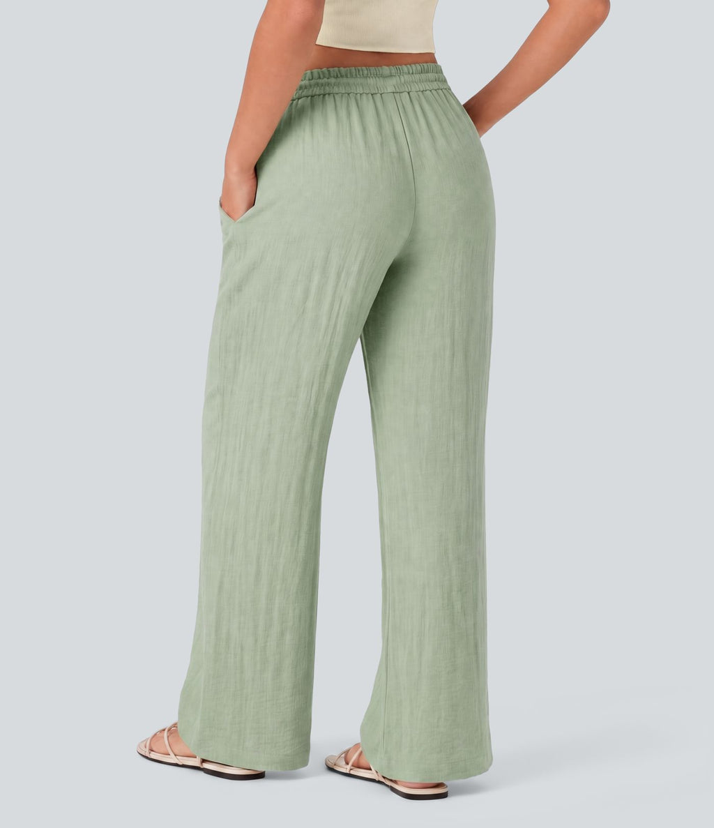 Pantalon baggy large casual effet lin taille basse avec cordon et poches