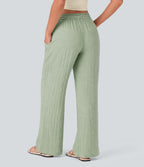 Pantalon baggy large casual effet lin taille basse avec cordon et poches