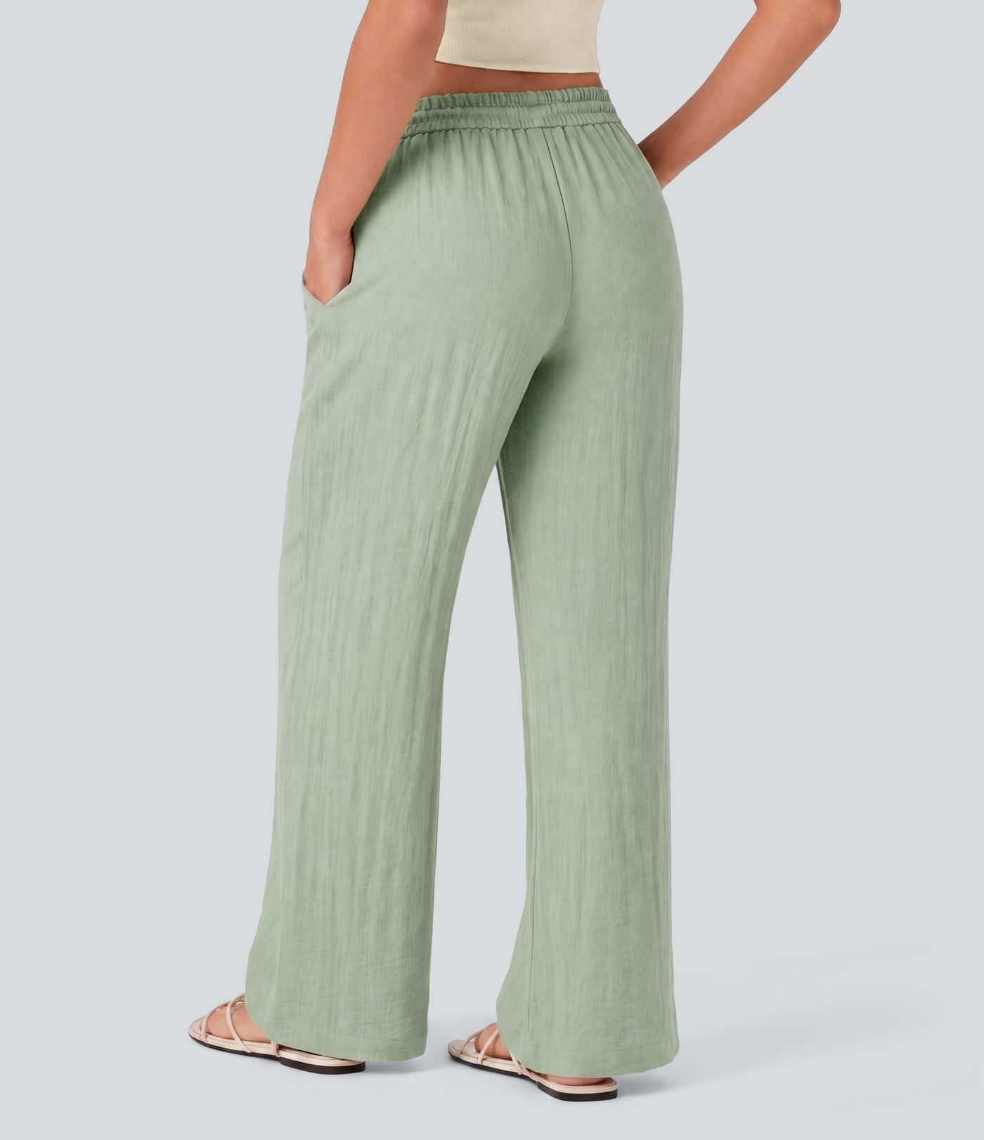 Pantalon baggy large casual effet lin taille basse avec cordon et poches