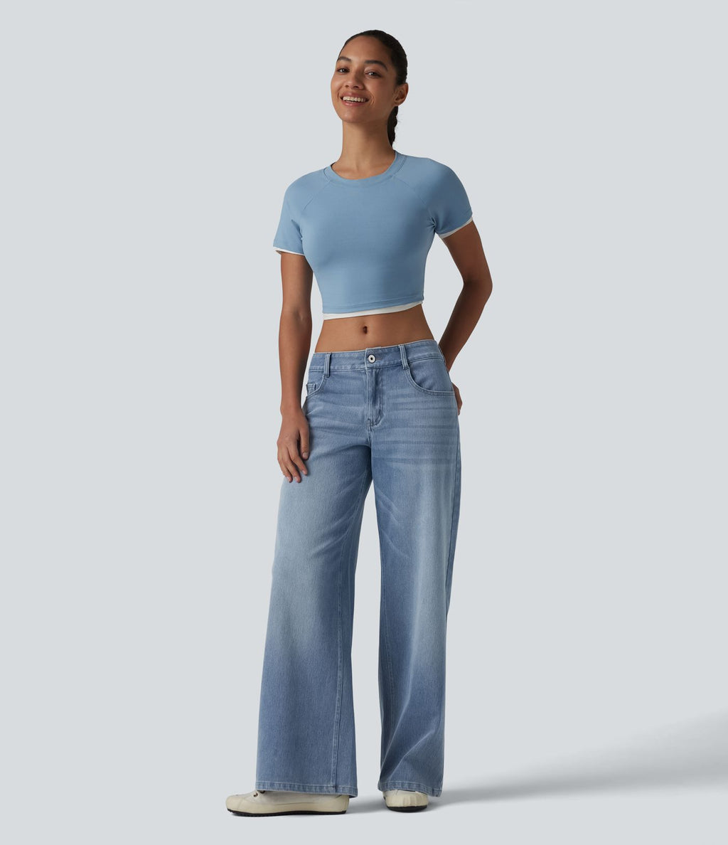 Halara Flex™ Jean Large Casual Taille Basse avec Boutons Zip Multiples Poches Lavés Élastiques et Tricotés