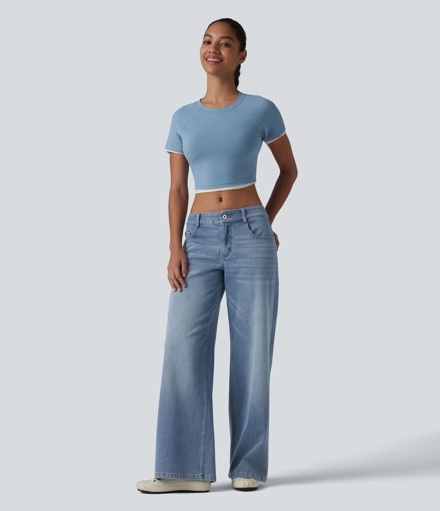 Halara Flex™ Jean Large Casual Taille Basse avec Boutons Zip Multiples Poches Lavés Élastiques et Tricotés
