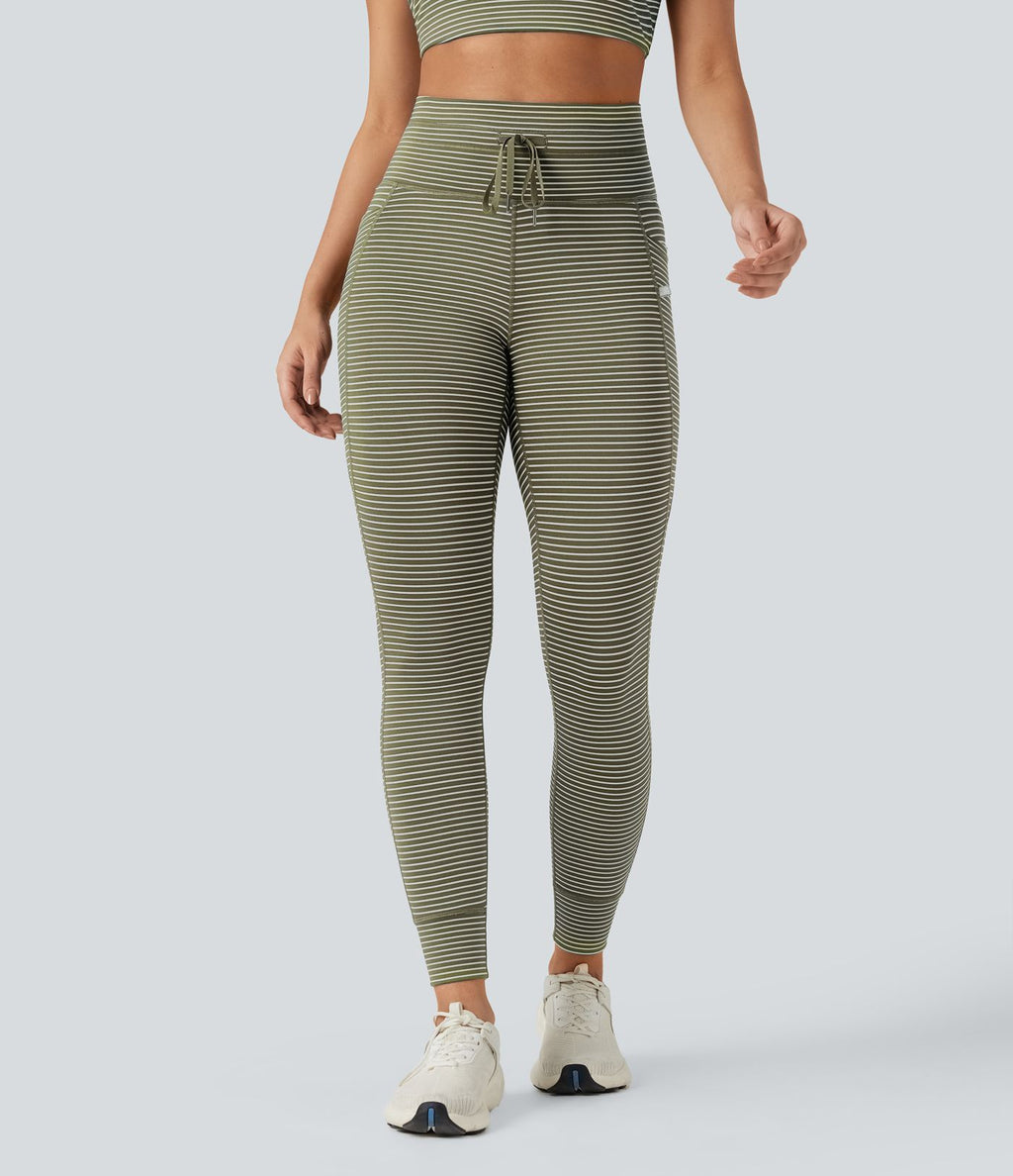 Legging de yoga rayé taille haute avec cordon de serrage et poches