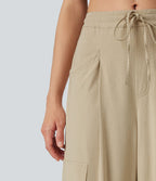Pantalon cargo décontracté en lin extensible coupe droite taille mi-haute avec cordon de serrage et poches