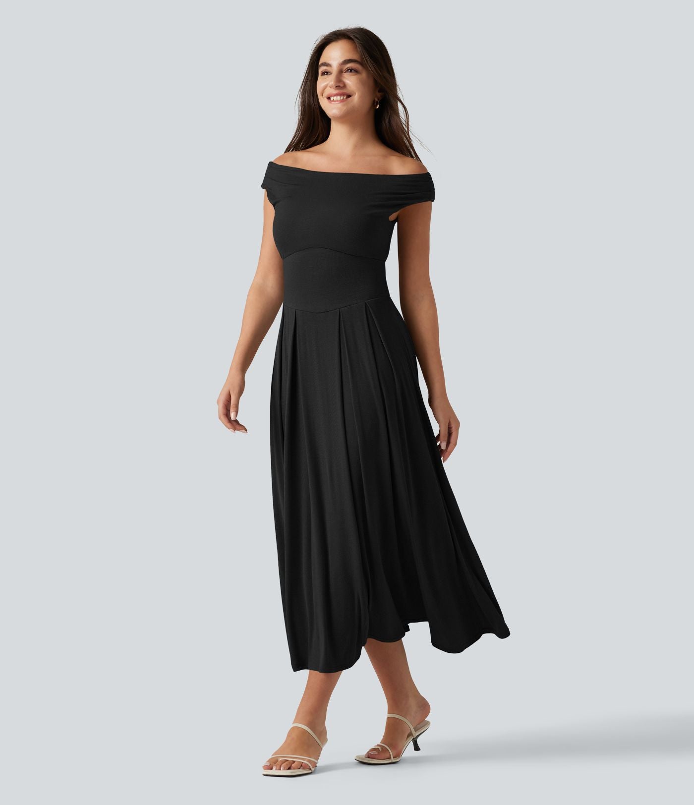 Robe midi casual fluide côtelée gainante à épaules dénudées