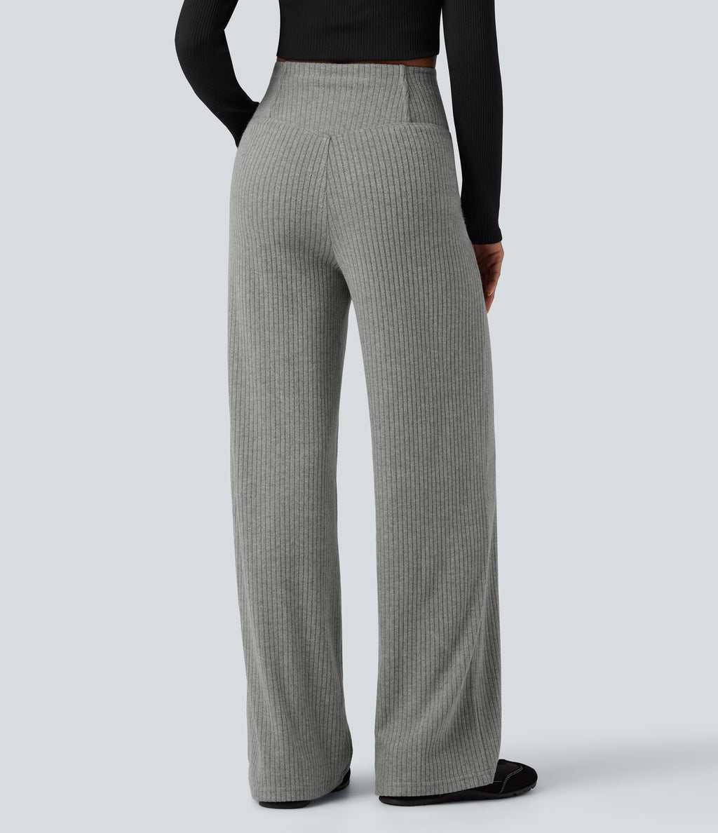 Pantalon droit décontracté côtelé croisé gainant taille haute avec poches