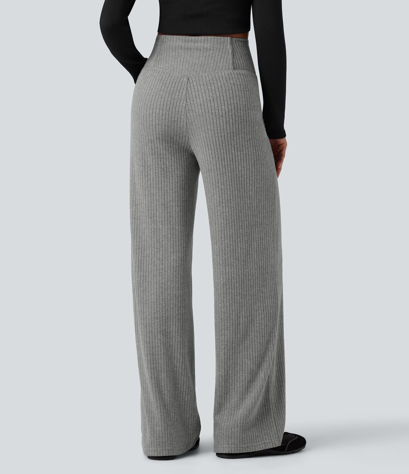Pantalon droit décontracté côtelé croisé gainant taille haute avec poches