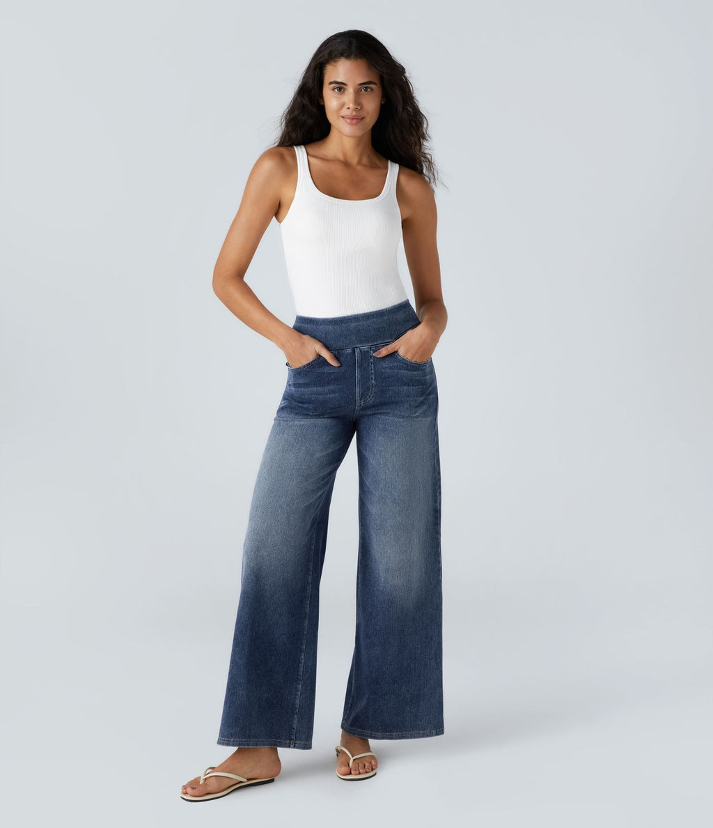 Halara Flex™ Jean Large Casual Taille Haute Poches Multiples Tricot Extensible Délavé
