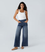 Halara Flex™ Jean Large Casual Taille Haute Poches Multiples Tricot Extensible Délavé