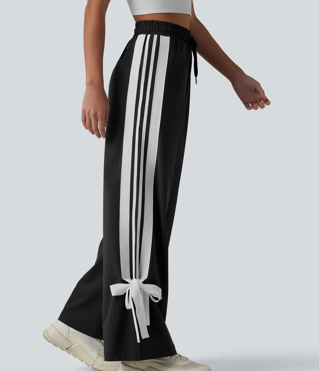 Pantalon large de course taille haute effet frais InstantCool à séchage rapide, color block à rayures avec nœud, cordon de serrage et poches, protection solaire UPF40+
