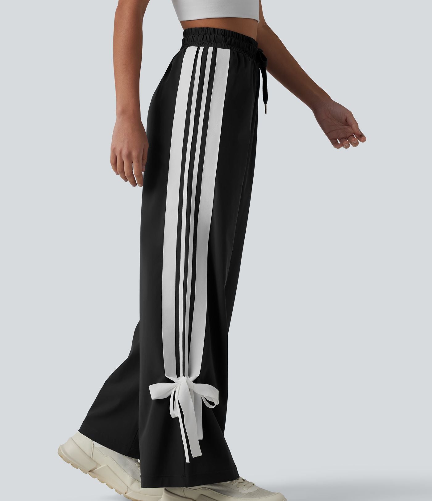 Pantalon large de course taille haute effet frais InstantCool à séchage rapide, color block à rayures avec nœud, cordon de serrage et poches, protection solaire UPF40+