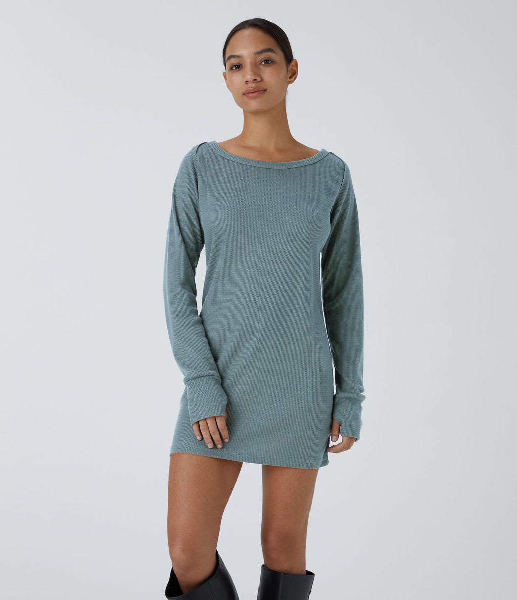 Robe Sweatshirt Casual Col Bateau Manches Raglan Avec Trous Pour Les Pouce Ourlet Fendu en Waffle