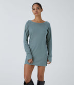 Robe Sweatshirt Casual Col Bateau Manches Raglan Avec Trous Pour Les Pouce Ourlet Fendu en Waffle