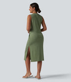 Robe midi décontractée sans manches col tunisien avec poches