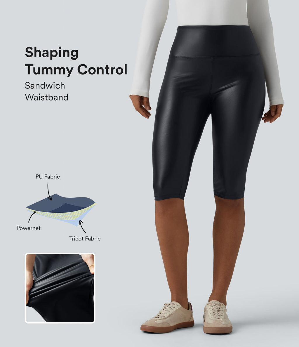 Legging corsaire casual ventre plat taille haute extensible en simili cuir avec poches