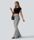 Pantalon évasé taille basse rabattable à rayures chiné