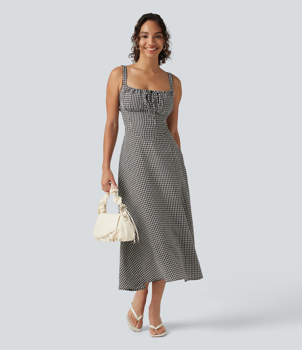 Robe midi fluide style vacances effet lin à motif tartan, encolure carrée, dos nu croisé et corset