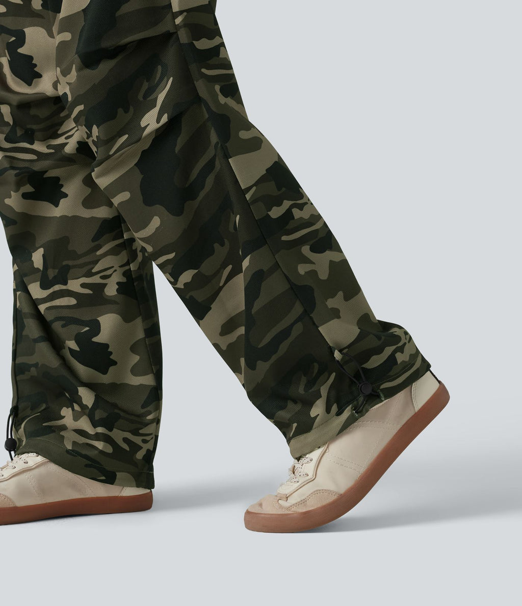 Pantalon cargo large décontracté camouflage taille mi-haute avec cordon de serrage et poches
