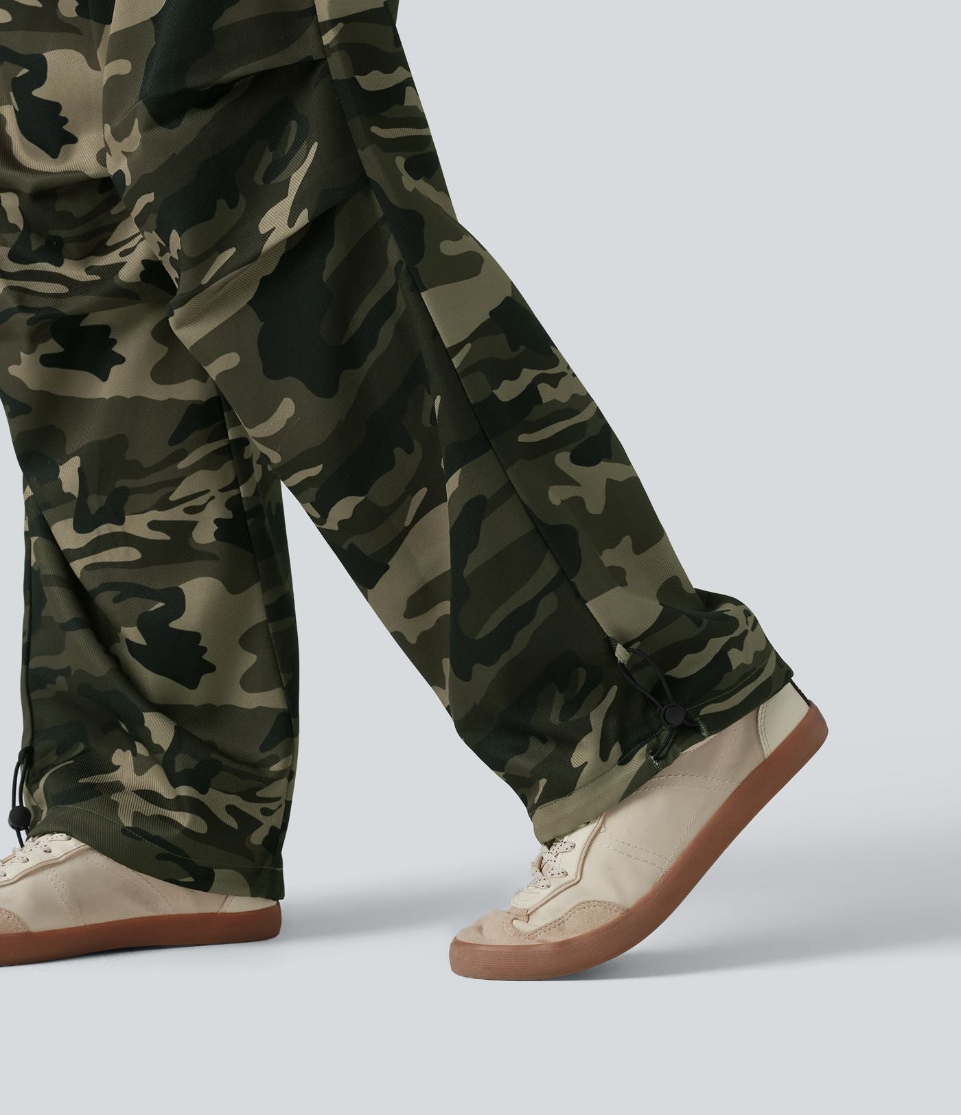 Pantalon cargo large décontracté camouflage taille mi-haute avec cordon de serrage et poches
