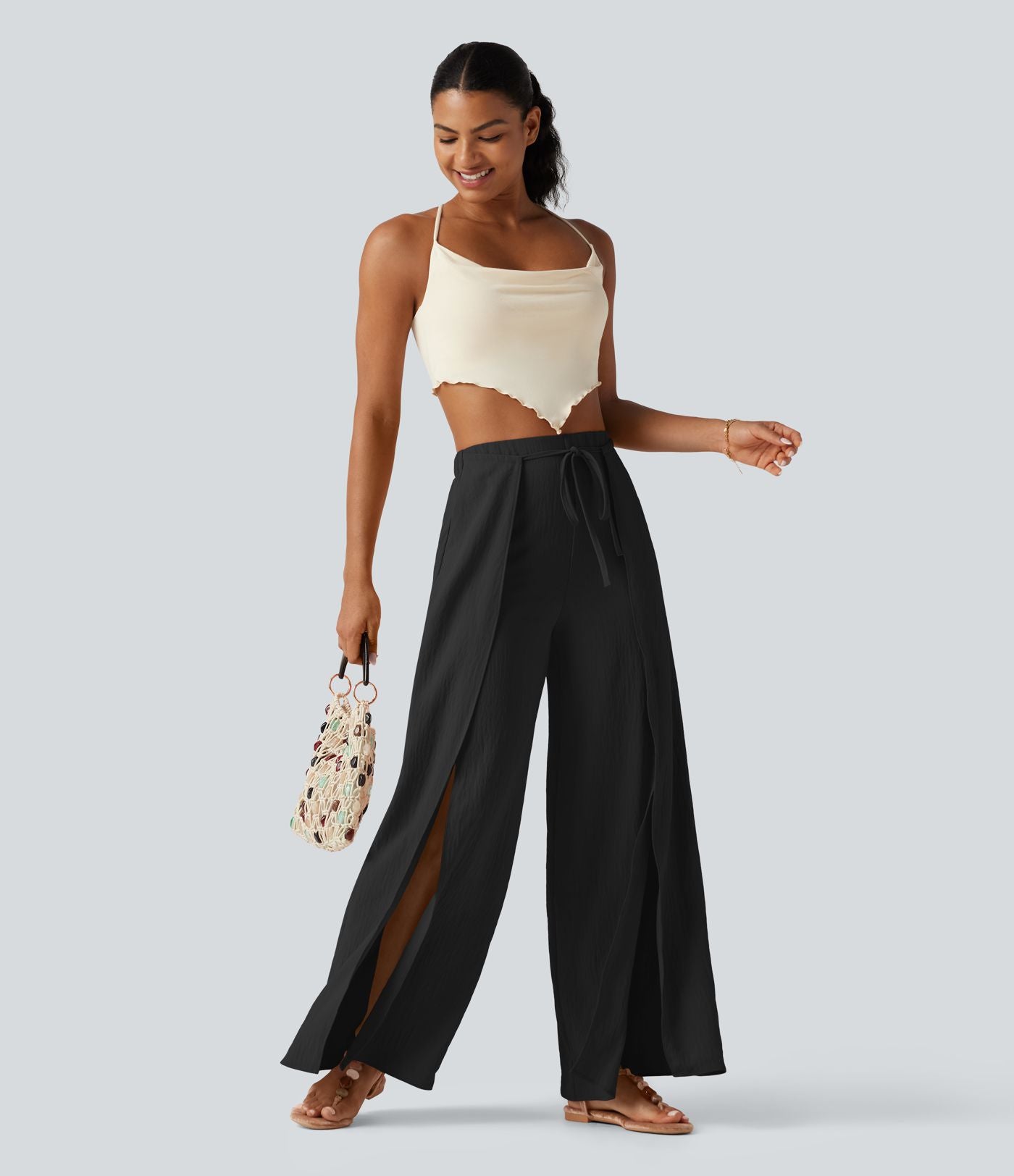 Pantalon ample fluide effet lin taille haute avec laçage