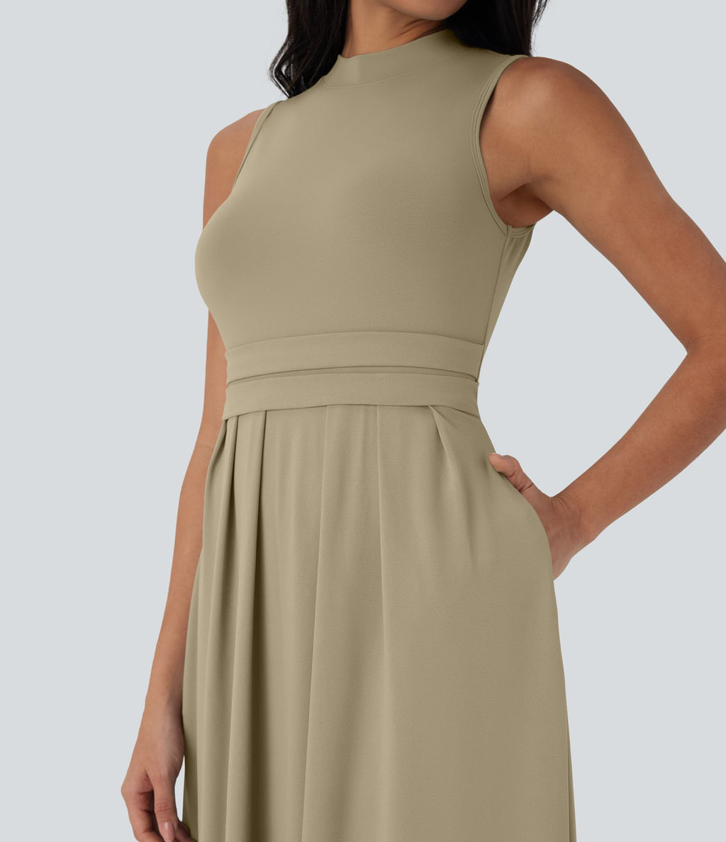 Robe longue décontractée sans manches à col montant, coupe évasée et poches latérales