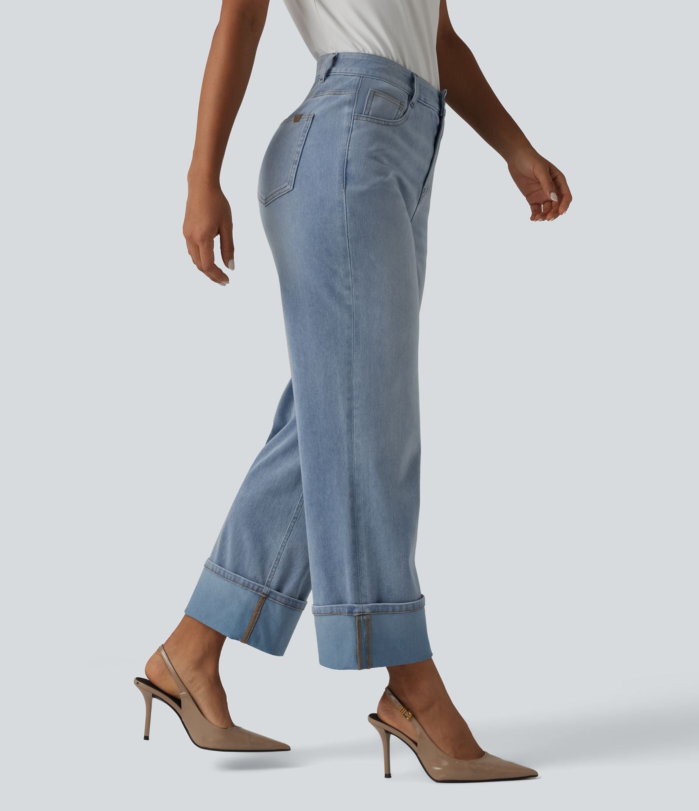 Jean coupe droite Halara Flex™ délavé décontracté, taille haute, à revers, à poches