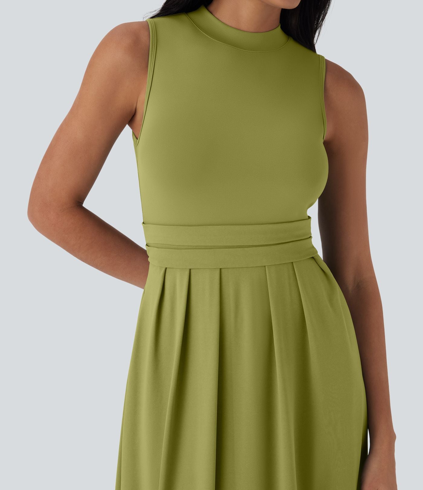 Robe longue décontractée sans manches à col montant, coupe évasée et poches latérales