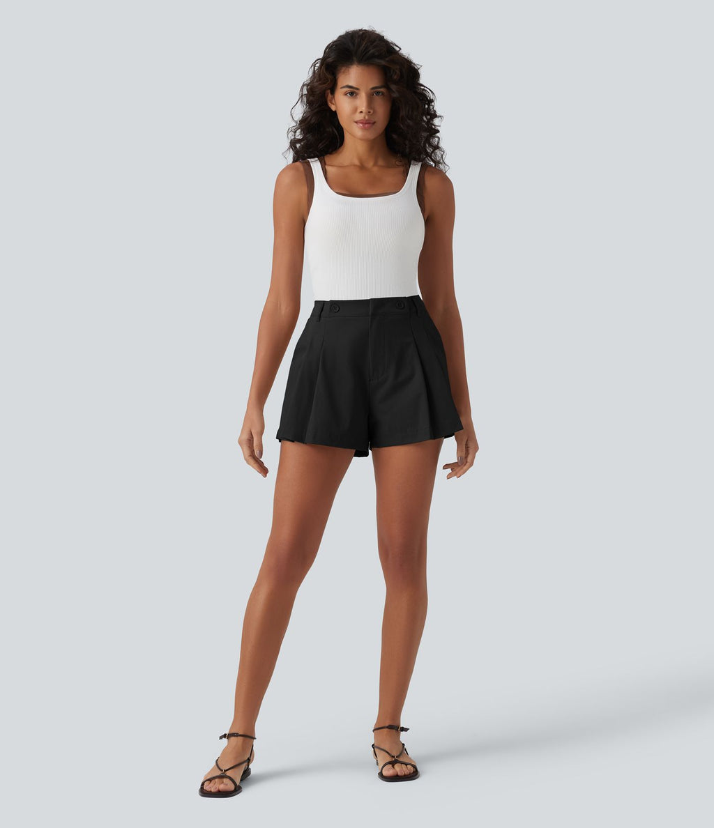 Short casual popeline stretch plissé taille mi-haute 7,5 cm avec poches