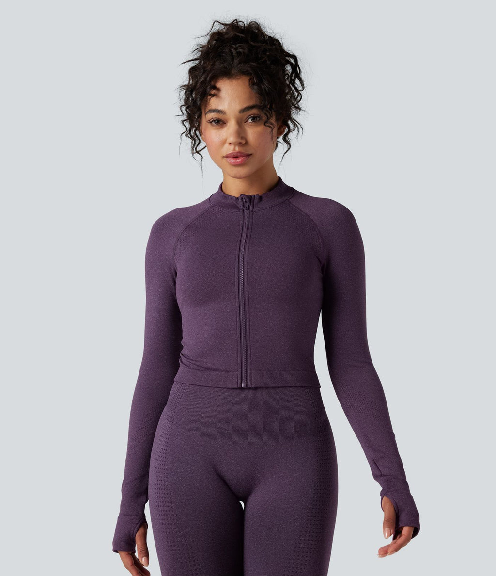 Veste de yoga courte ajustée Seamless Flow à col montant, manches longues et trous pour les pouces