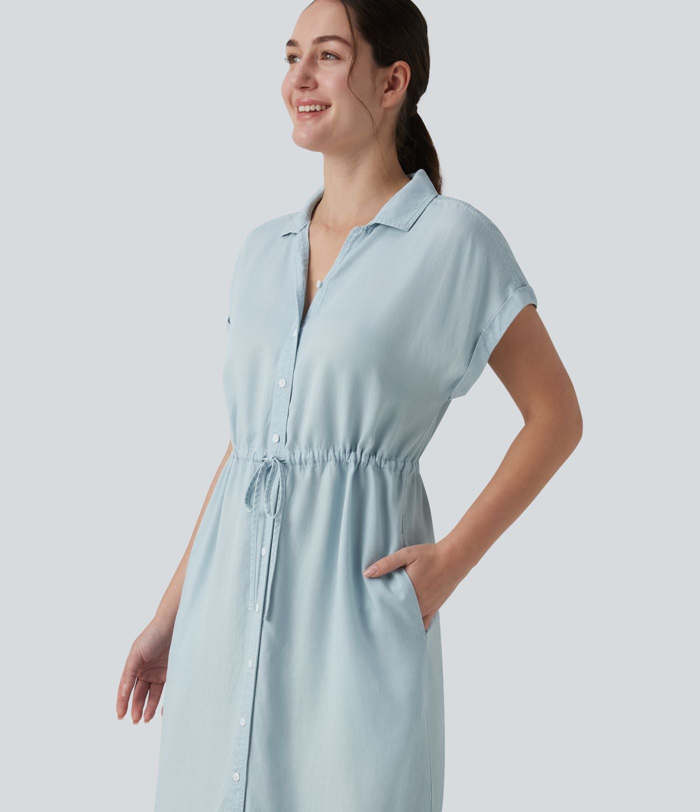 Robe-chemise casual denim en lyocell drapé à col, cordon de serrage, braguette boutonnée et poches