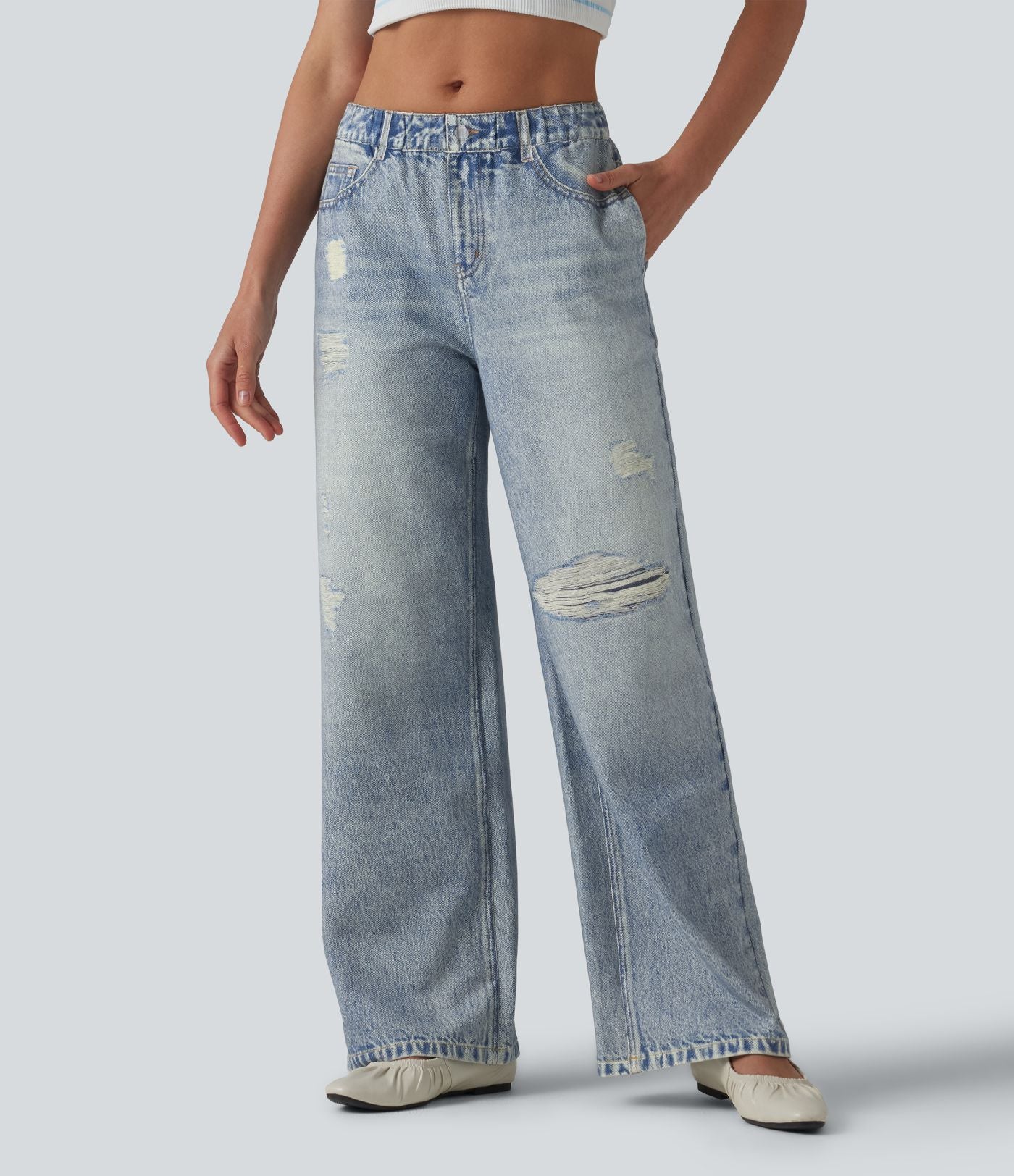 Jogging jean décontracté en molleton French Terry imprimé denim taille mi-haute avec poches