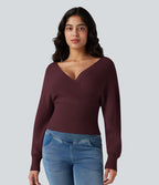 Pull col V manches chauve-souris longues à découpes