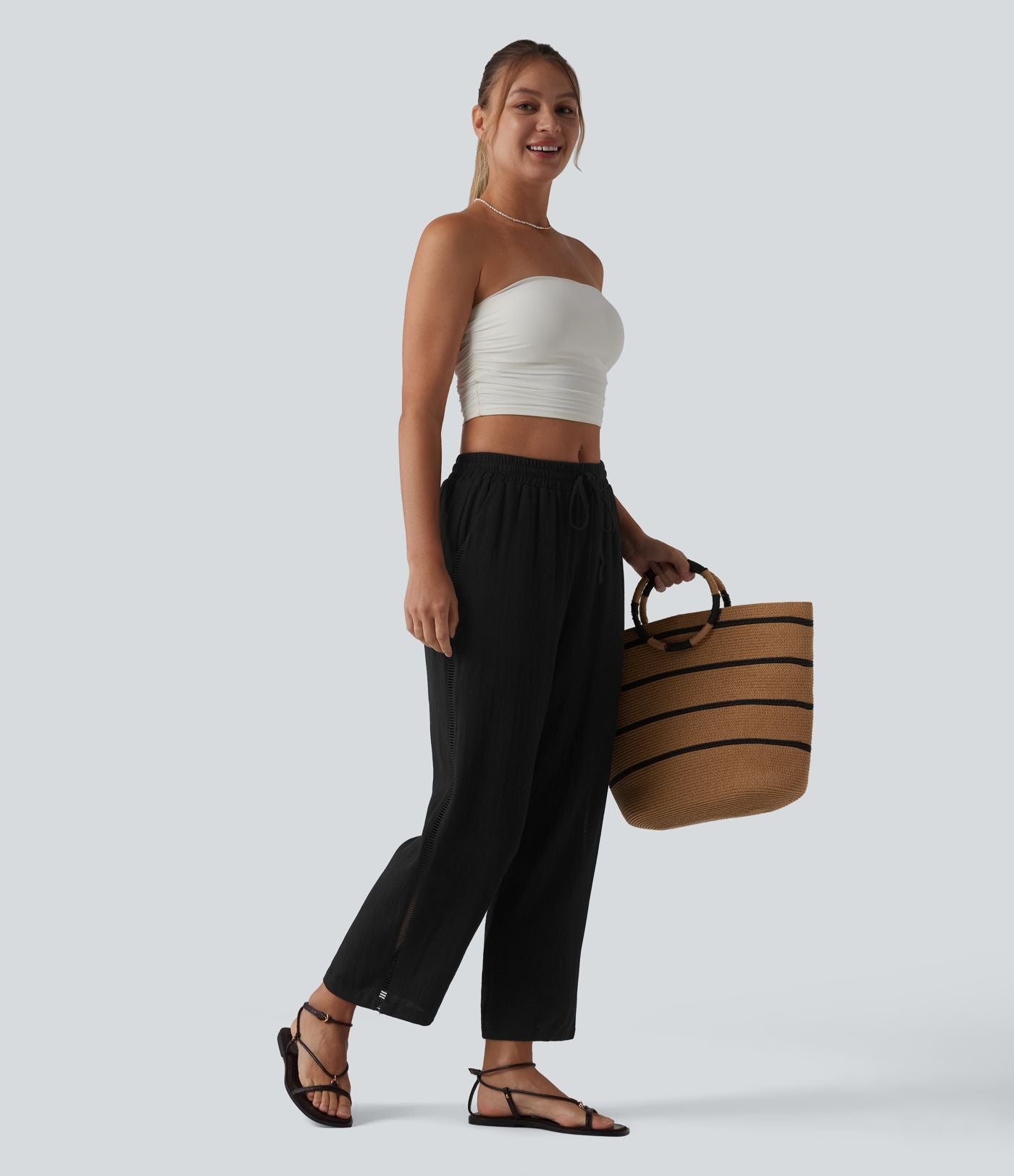Pantalon droit taille mi-haute aspect lin avec cordon de serrage et poches