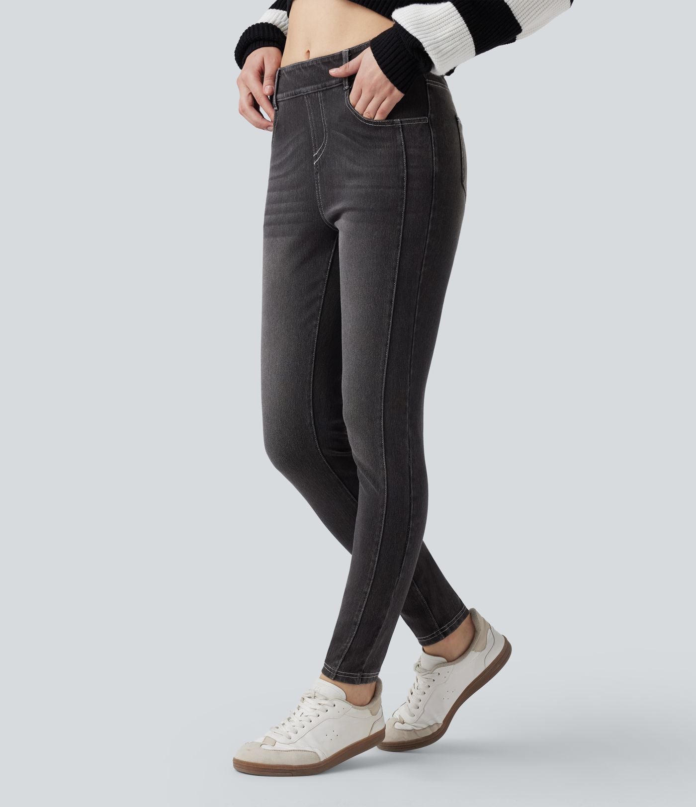 Jean skinny 7/8 décontracté taille mi-haute délavé Halara Flex™ avec poches