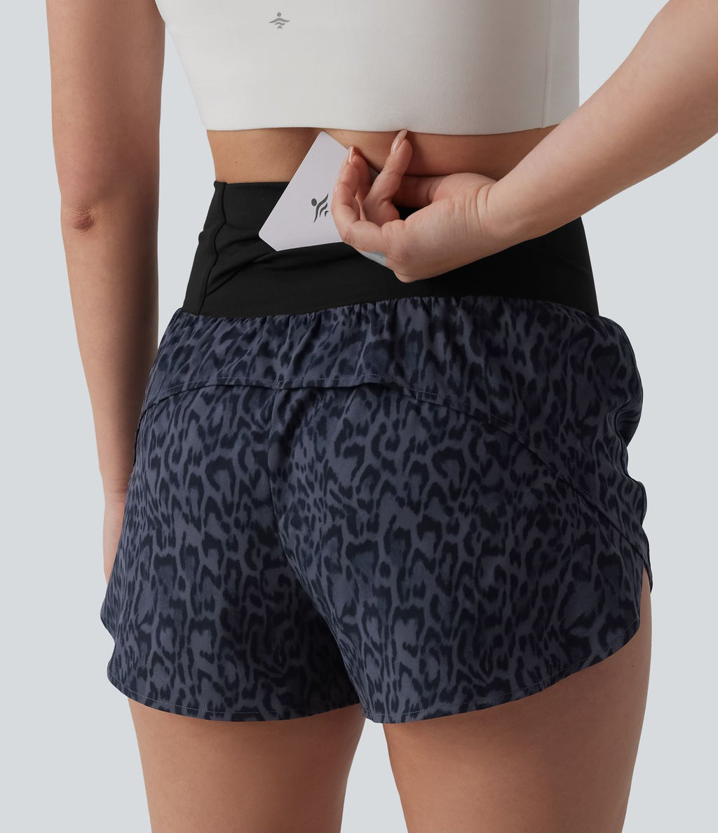 Short de running 2-en-1 taille haute imprimé léopard 7,5 cm avec poche