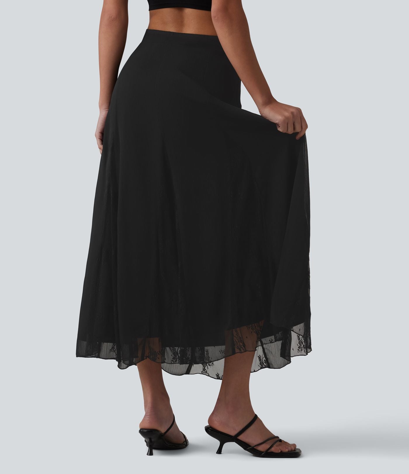Jupe midi fluide taille haute en mousseline avec dentelle contrastée et fermeture éclair invisible