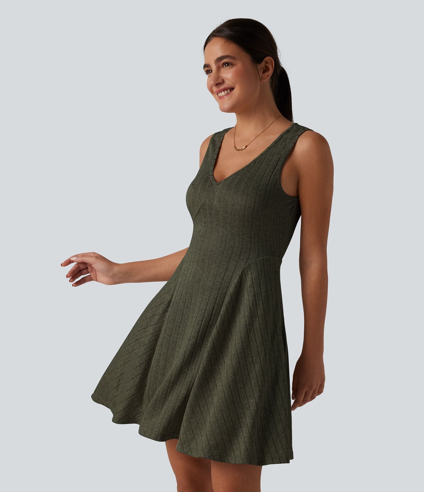 Robe débardeur mini casual évasée col V en maille côtelée avec poches