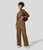 Pantalon Jogging en Fleece Thermique Jambe Droite Boutons Taille Haute Plusieurs Poches
