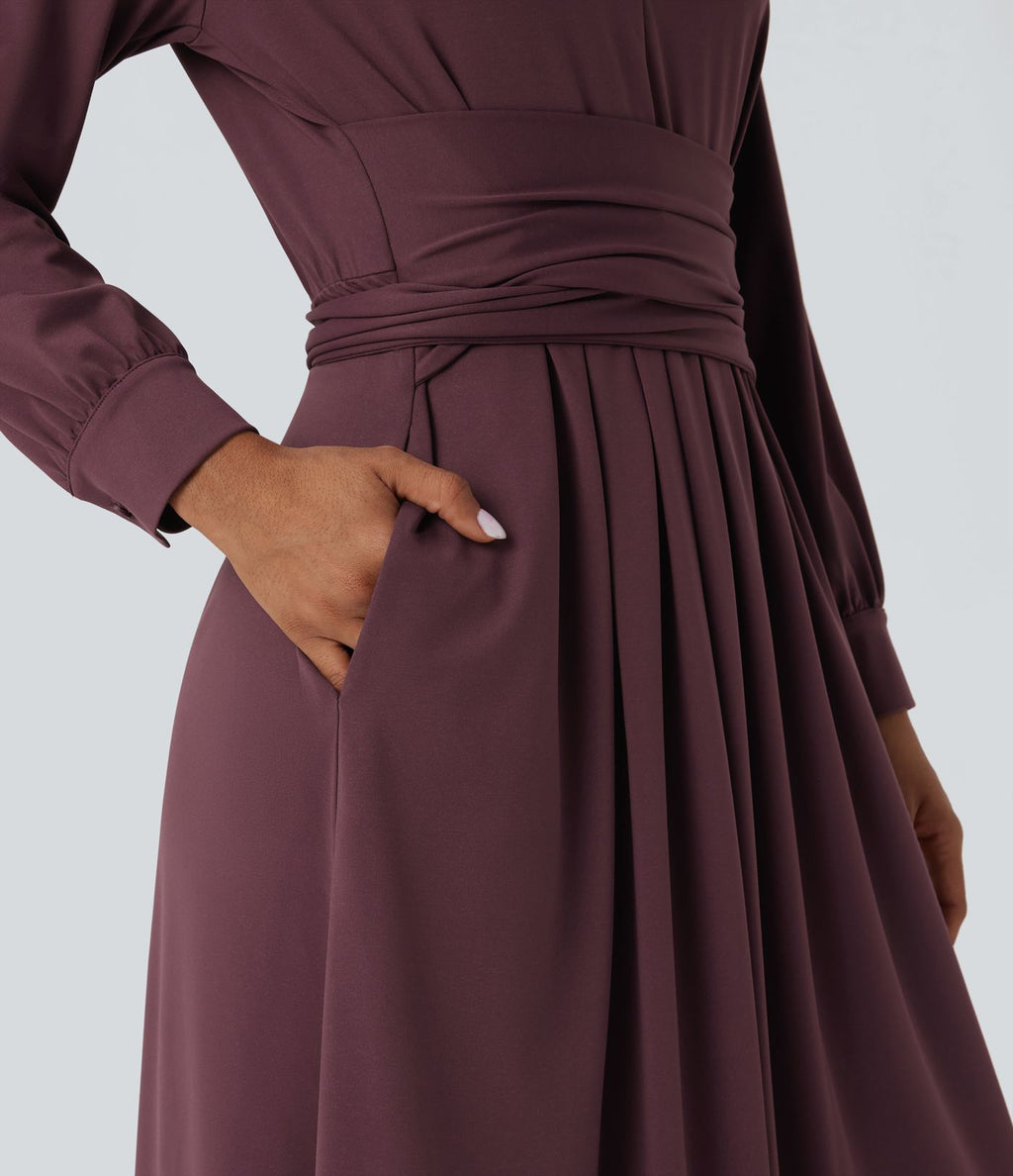 Robe de travail mi-longue col V manches longues liens dos avec poches