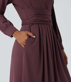 Robe de travail mi-longue col V manches longues liens dos avec poches
