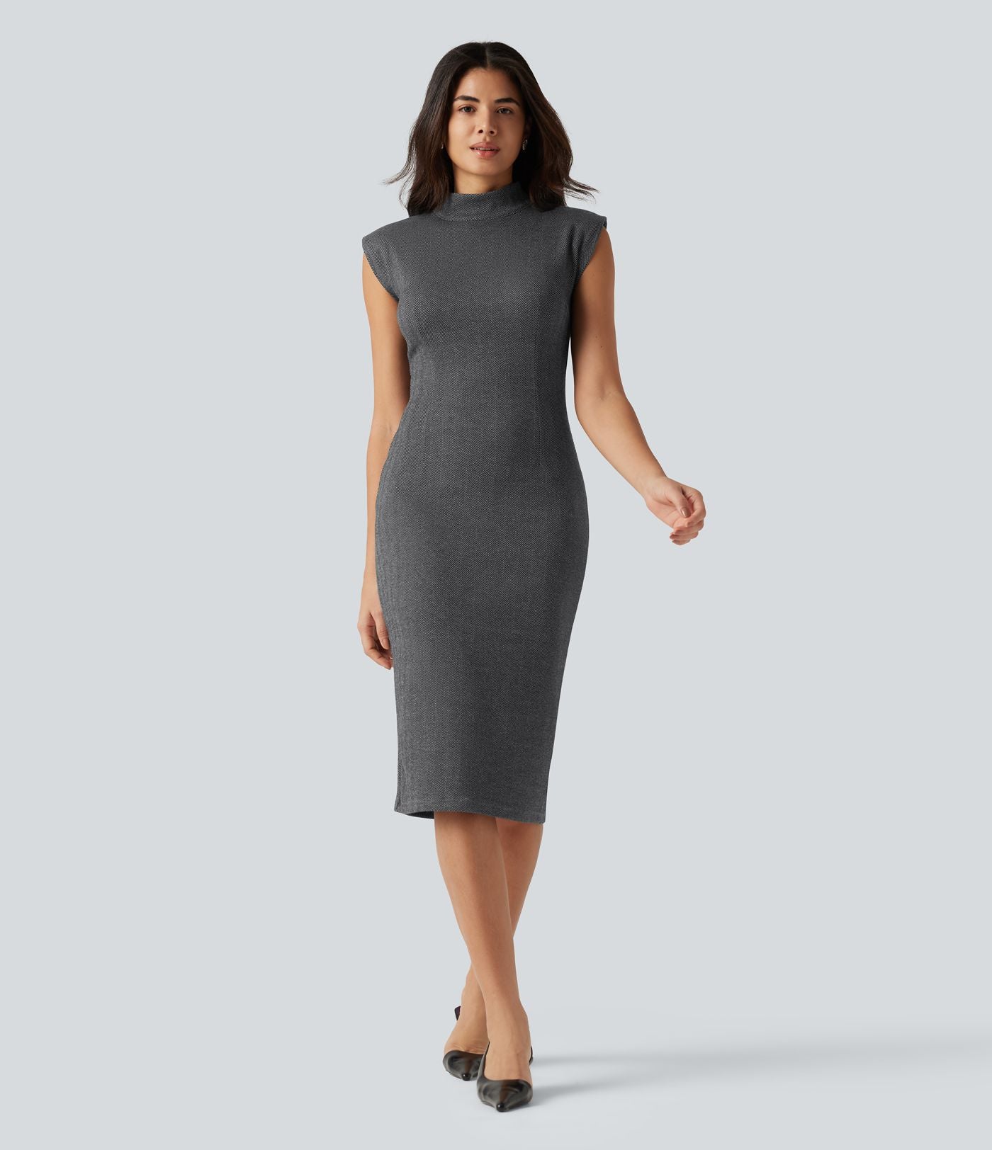 Robe midi moulante esprit bureau à motif, col montant et sans manches