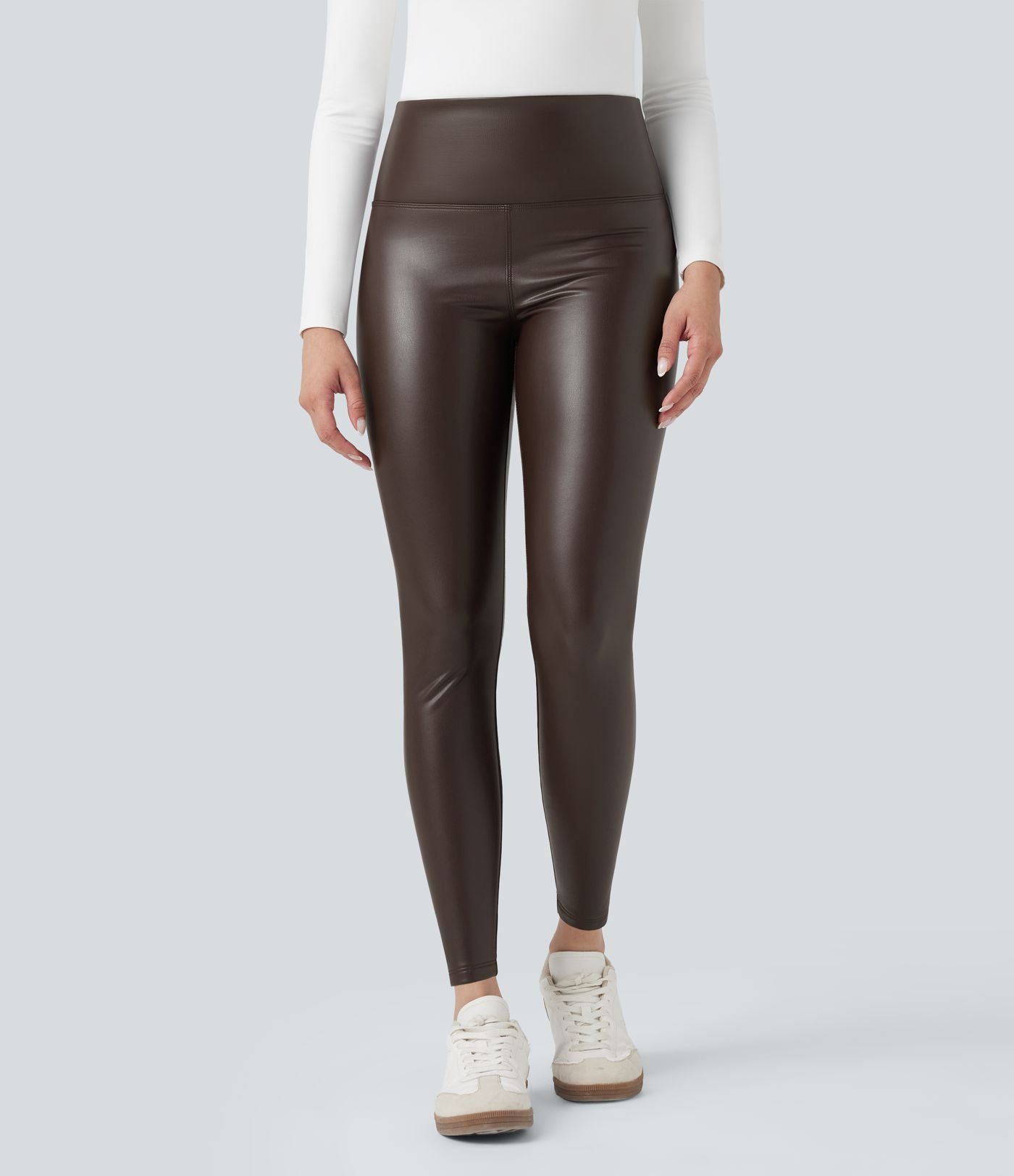 Pantalon 7/8 moulant décontracté polaire gainant taille haute extensible effet cuir avec poches