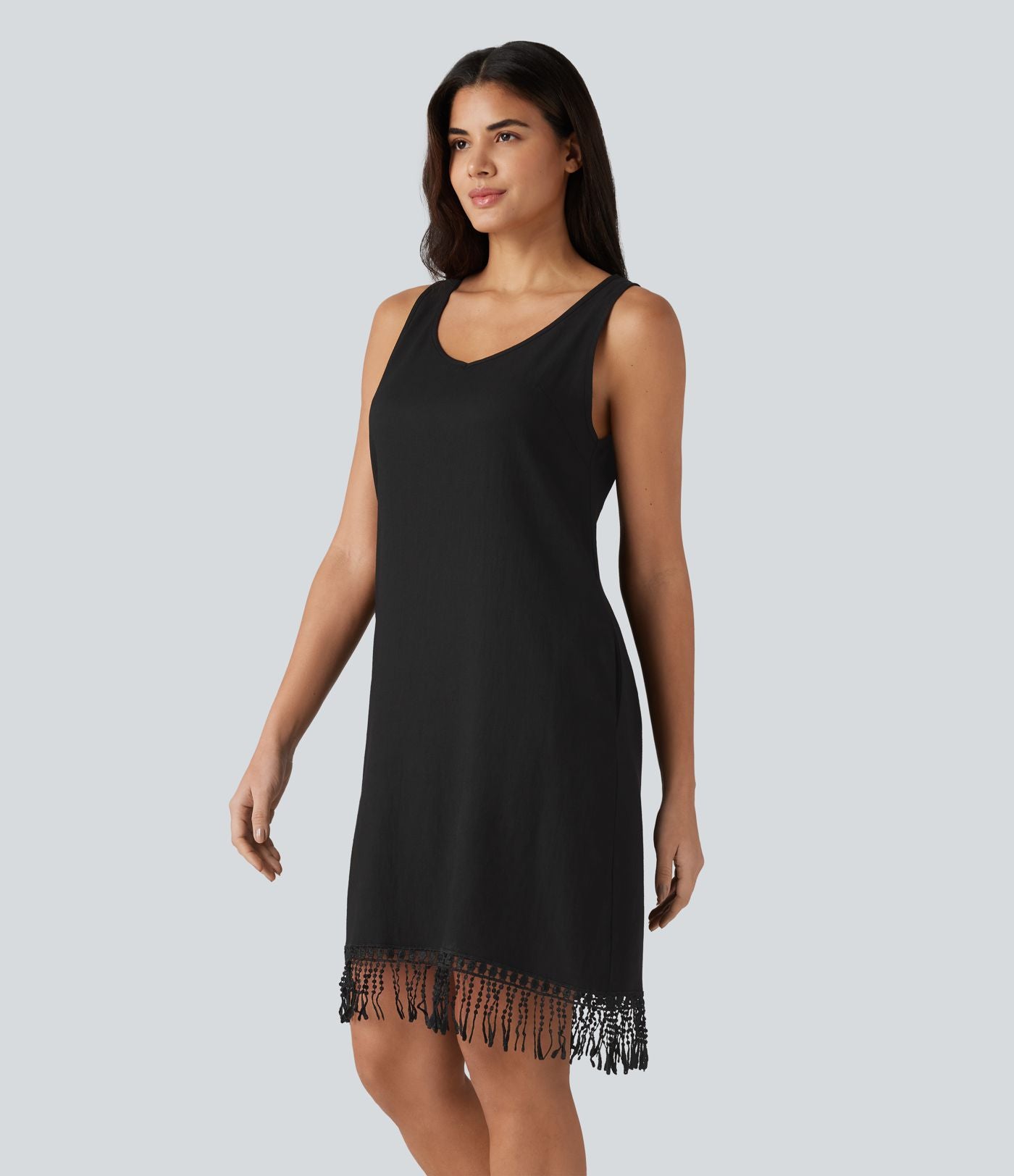 Robe mini sans manches col V avec ourlet à franges