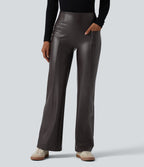 Pantalon casual évasé gainant taille haute en simili cuir extensible avec poches
