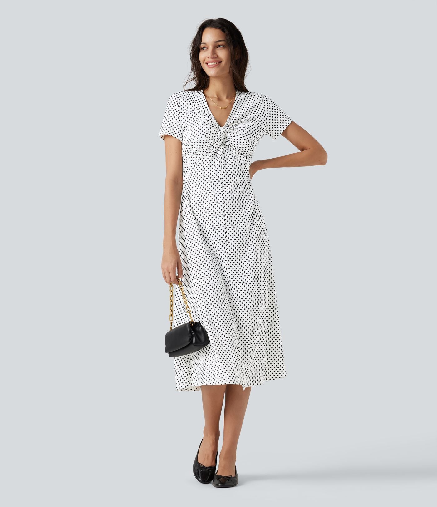 Robe midi décontractée à pois, col V, manches courtes