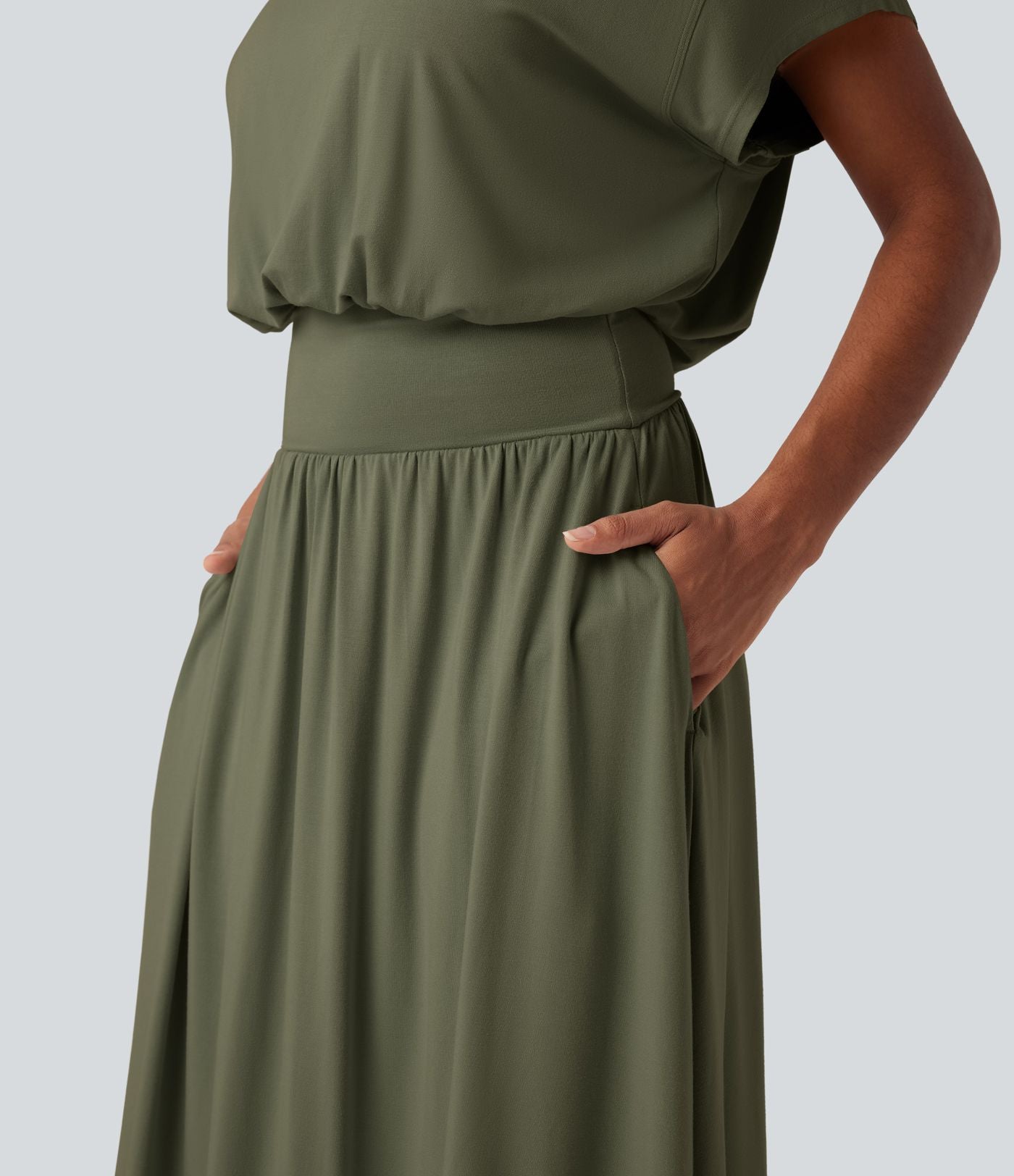 Robe de travail mi-longue fluide gainante à manches chauve-souris avec poches