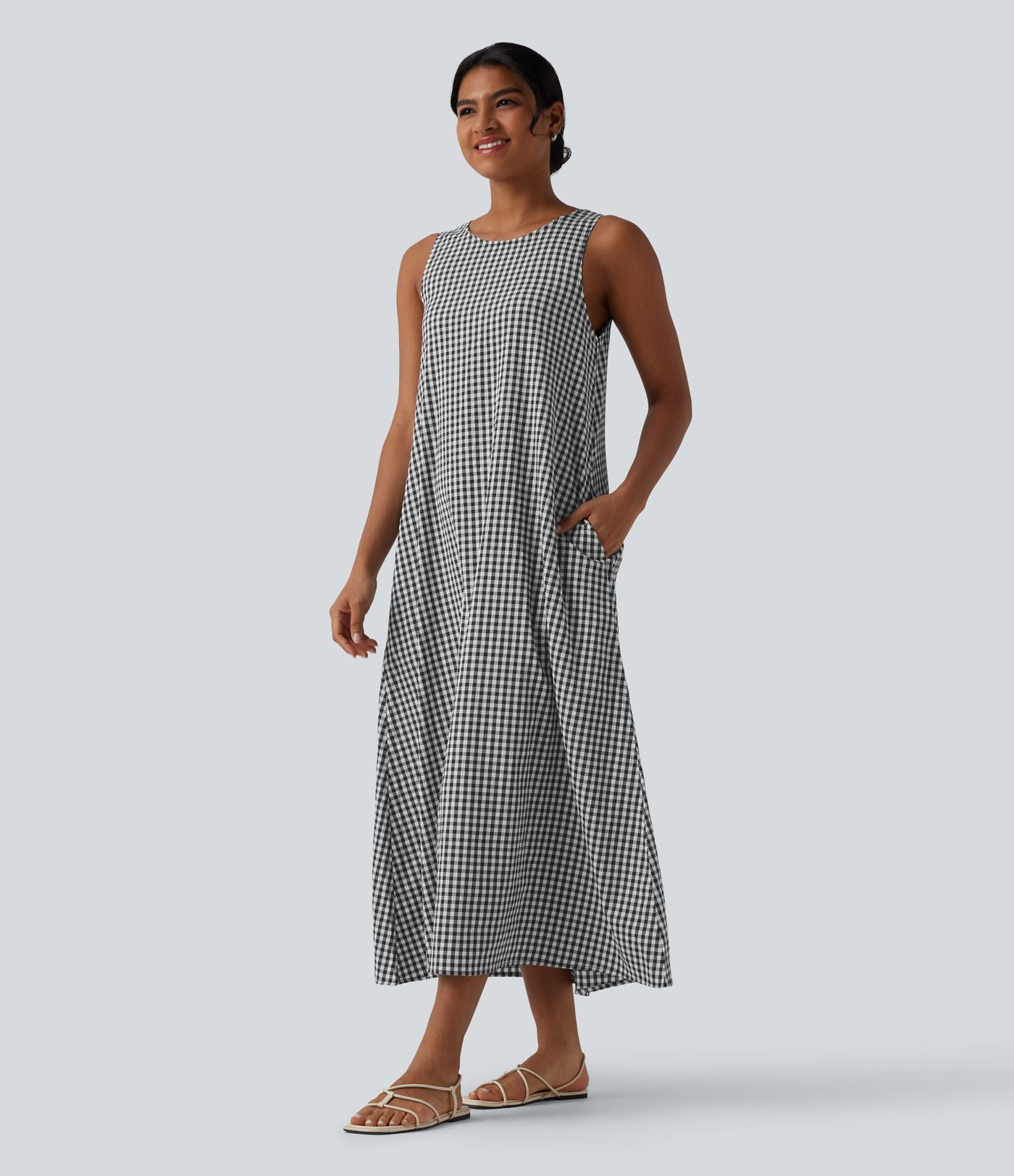 Robe débardeur midi décontractée col rond sans manches en vichy froissé avec poches