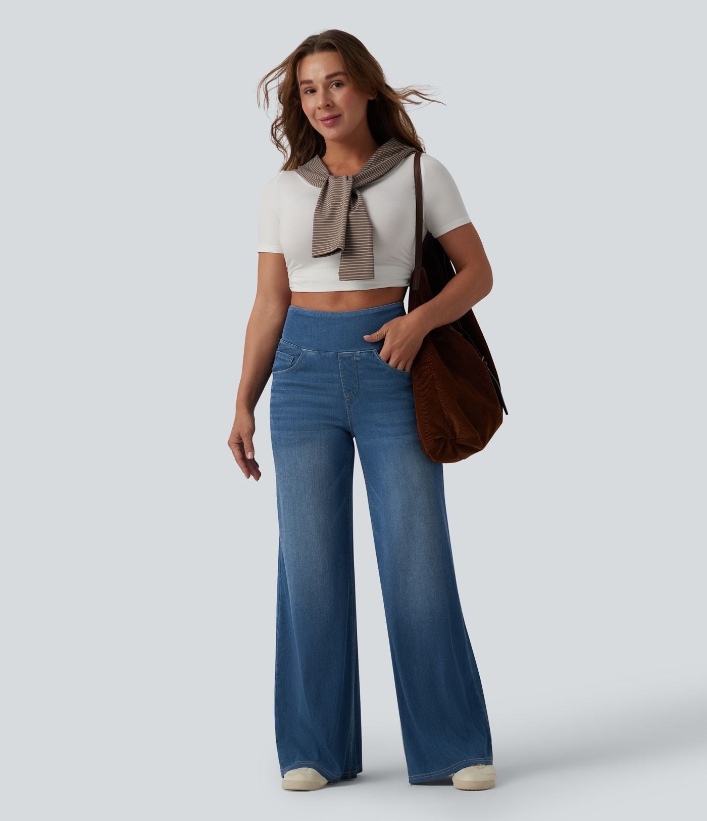 Halara Flex™ Jean large casual taille haute ventre plat, en lyocell drapé effet délavé, avec poches