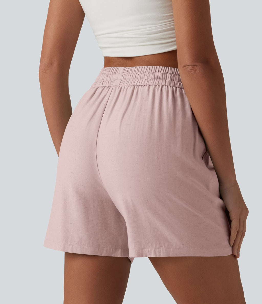 Short décontracté ample en lin mélangé taille haute avec cordon de serrage, 12,5 cm, et poches