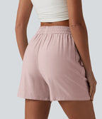 Short décontracté ample en lin mélangé taille haute avec cordon de serrage, 12,5 cm, et poches