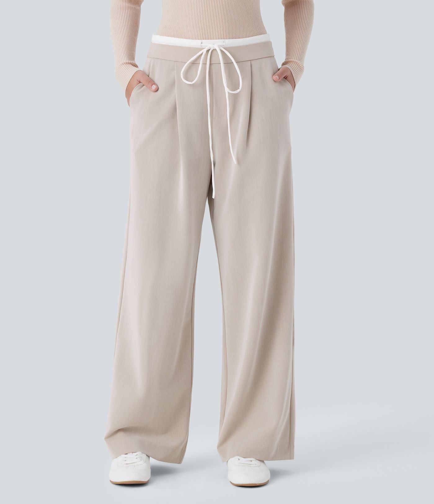 Pantalon décontracté jambe large bicolore double épaisseur, taille basse avec poches latérales